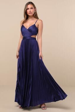 Lulus Got the Glam Navy Blue Pleated Cutout Maxi Dress Prom Holiday Small